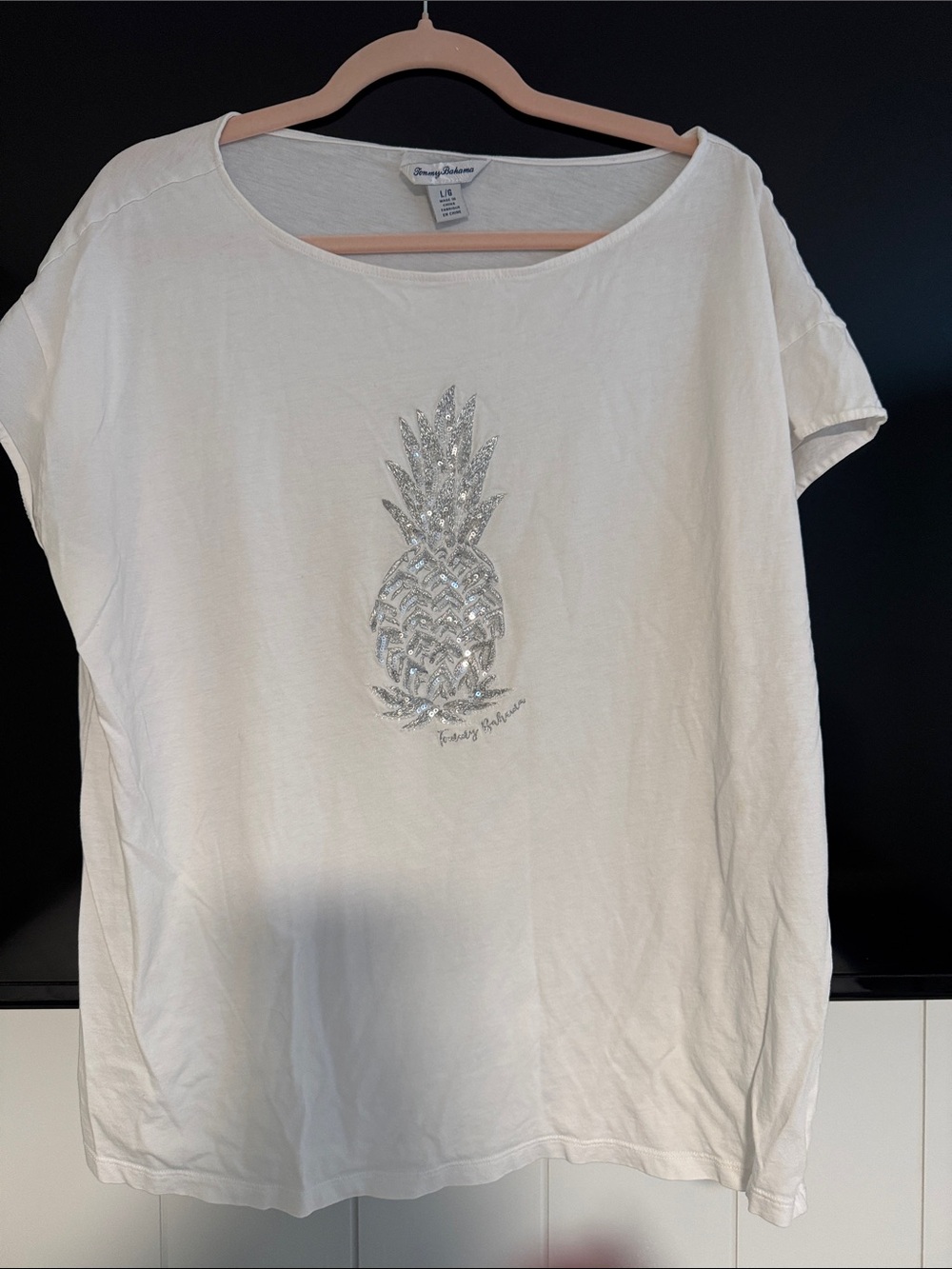 Tommy Bahama White Short-Sleeve Tee with Silver Pineapple Motif